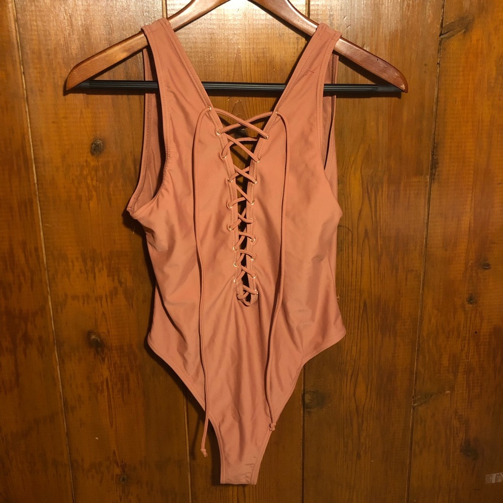 Rust Colored Lace up One Piece Swim Suit Body Suit